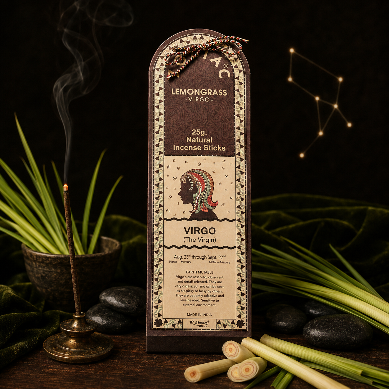 Title: Song of India Virgo Lemongrass Zodiac Incense Sticks – 25g