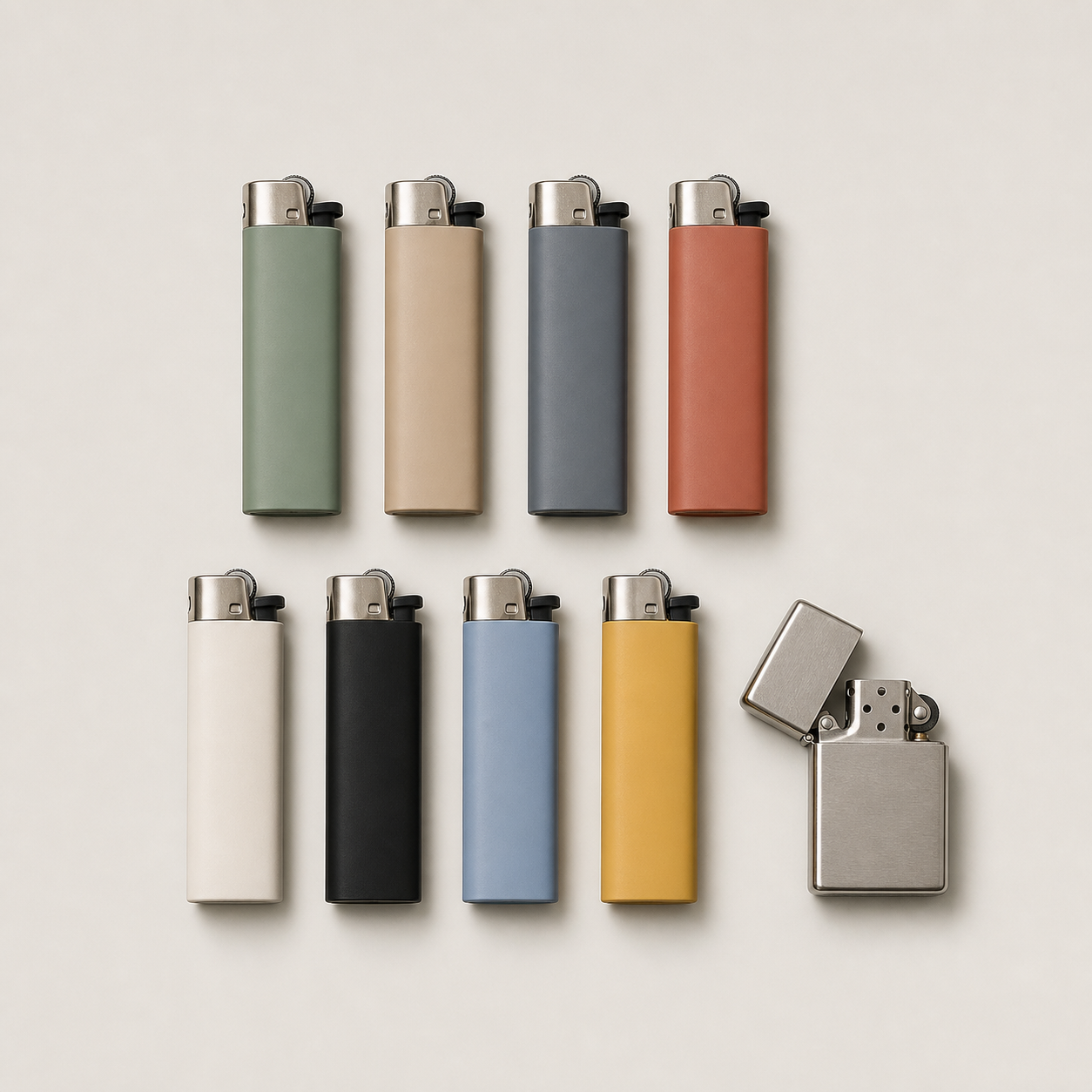 Assorted disposable lighters and a metal flip-top lighter