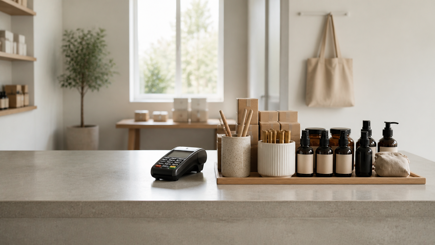A shop counter with a small display of impulse-buy goods beside a card reader