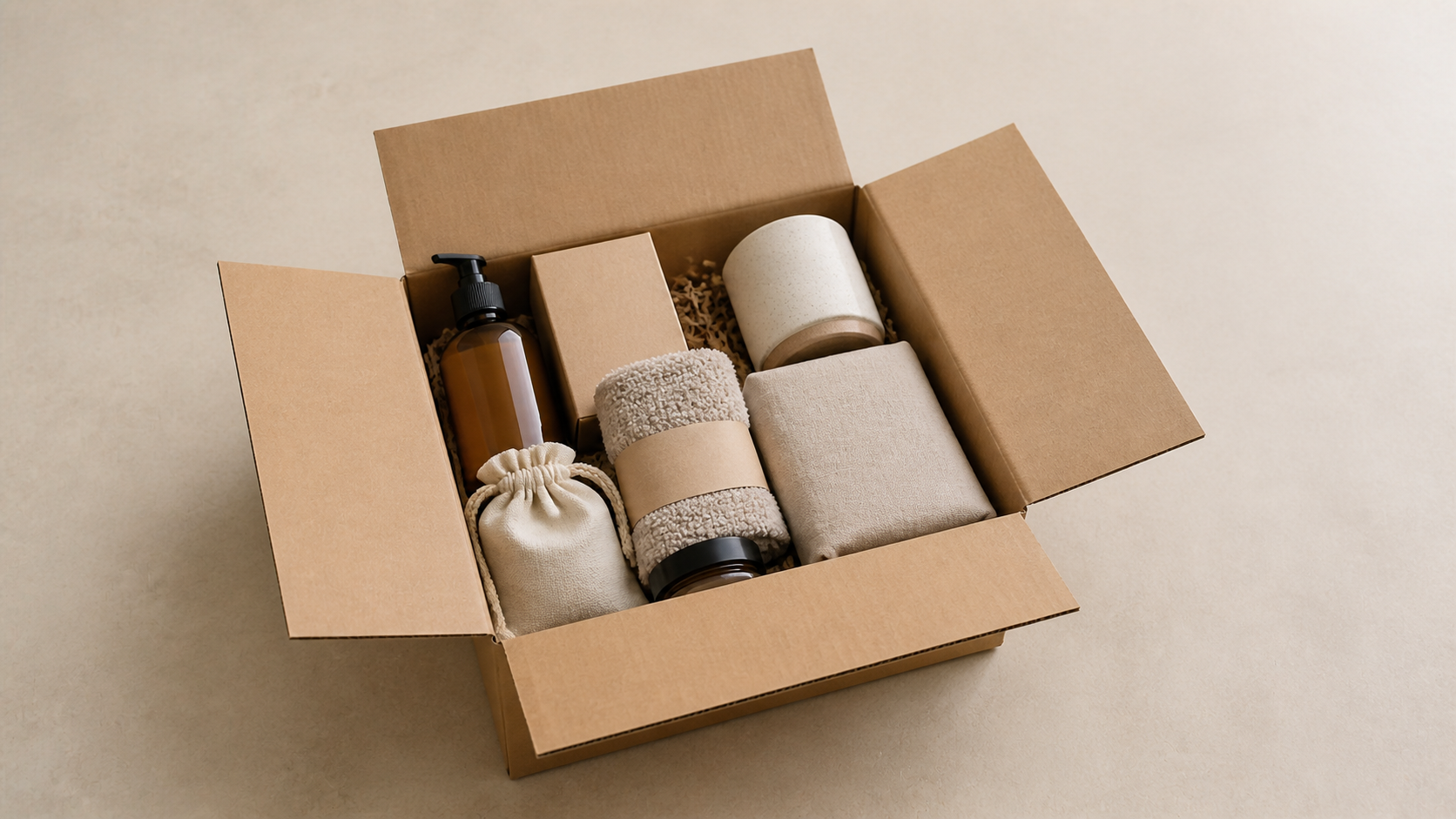 An open cardboard shipping box filled with neatly packed retail goods