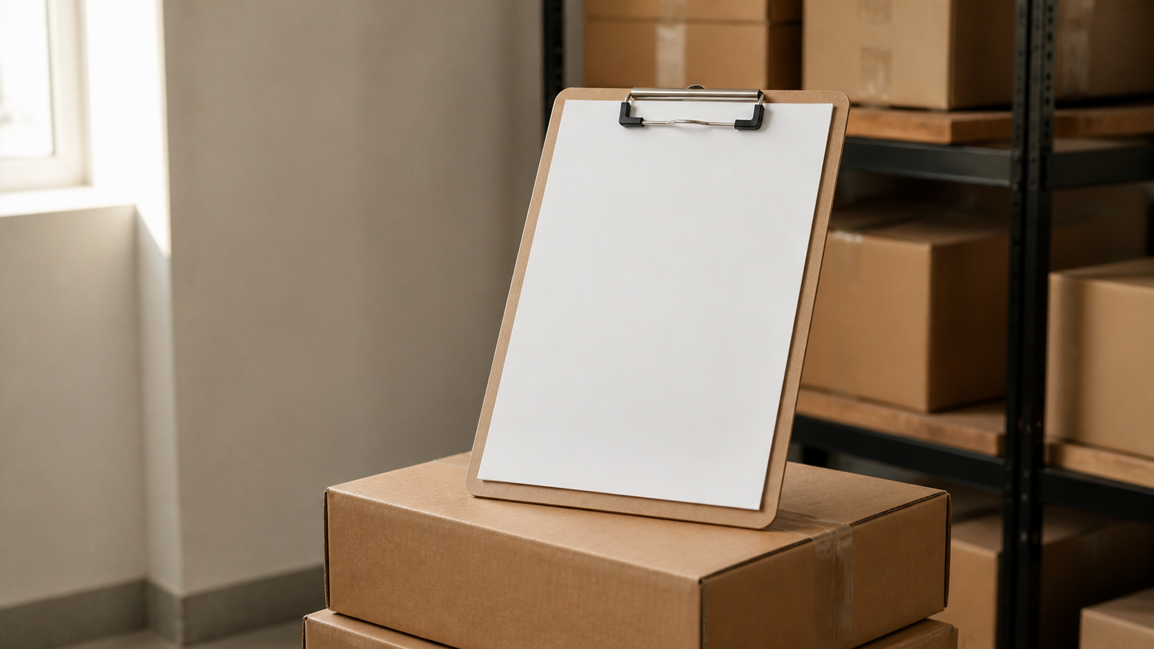 A clipboard with a blank stock sheet resting on stacked cardboard boxes in a storeroom