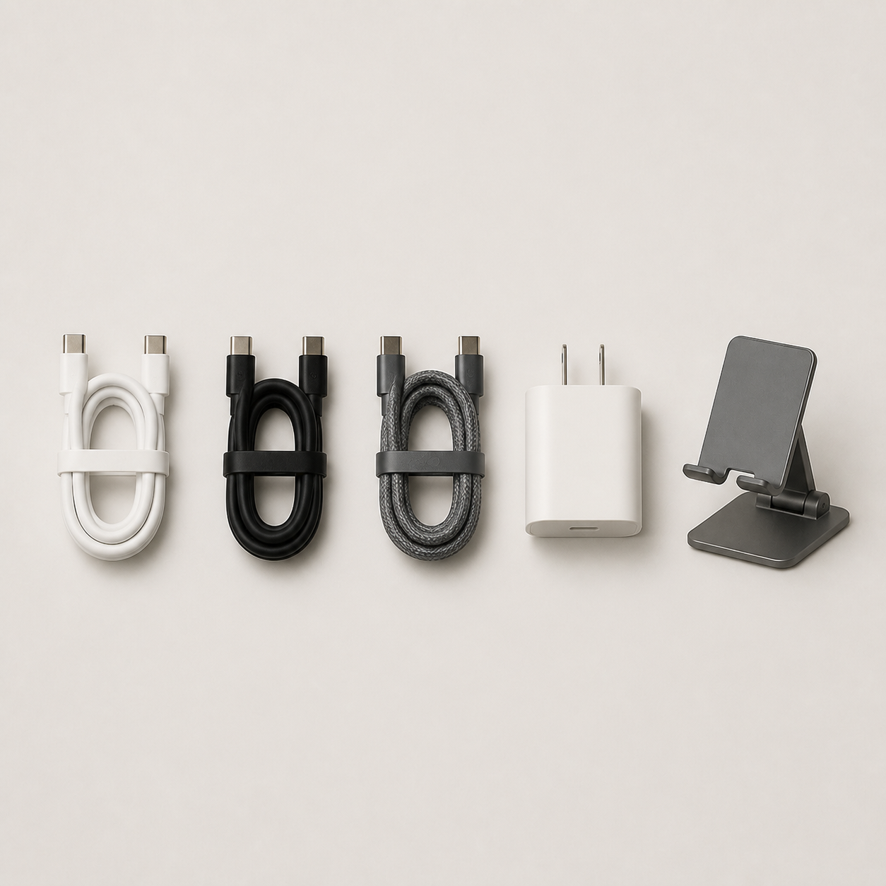 Phone charging cables, wall plug and phone stand