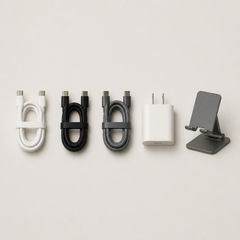 Phone charging cables, wall plug and phone stand