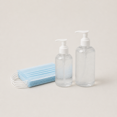 Disposable face masks and hand sanitiser bottles
