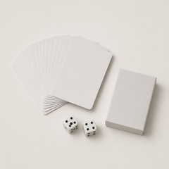Fanned deck of playing cards, dice and a game box