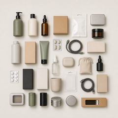 Assorted retail goods arranged in a grid