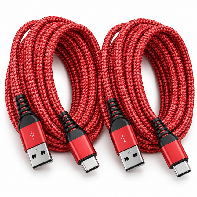 2-Pack 10ft Braided USB-A to Lightning Cable – Red Charging & Sync Cord
