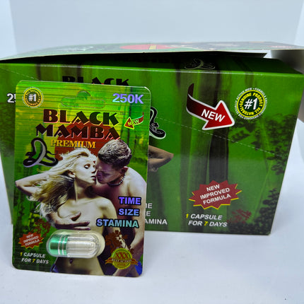 Black Mamba 250K Male Enhancement Capsules – 24ct Box | 3–24 Pack Wholesale