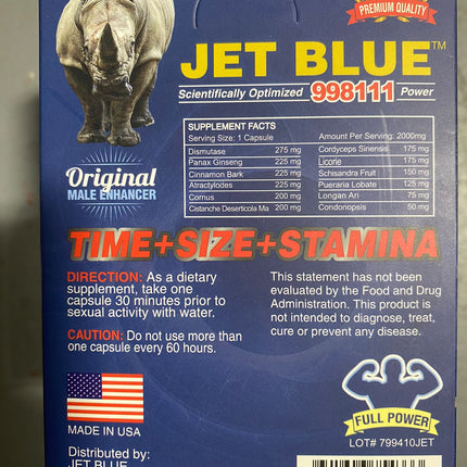 Jet Blue 998111 Power Capsules – Box of 20 Individually Sealed Adult Supplement Packs| Item No.: 1567