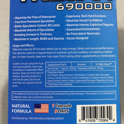 Trojan Rhino 690000 Capsules – Box of 20 Individually Sealed Adult Supplement Packs | Item No.: 1767