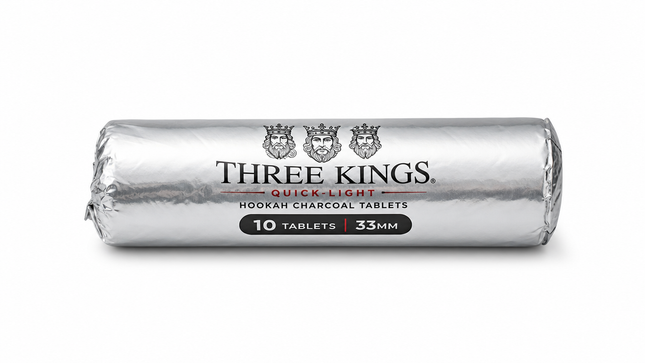 Three Kings Quick-Light Hookah Charcoal Tablets – 33mm, 10-Count Roll (Item HH-TKC)