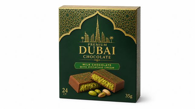 Premium Dubai Chocolate – Milk Chocolate with Pistachio Cream (24ct, 35g)