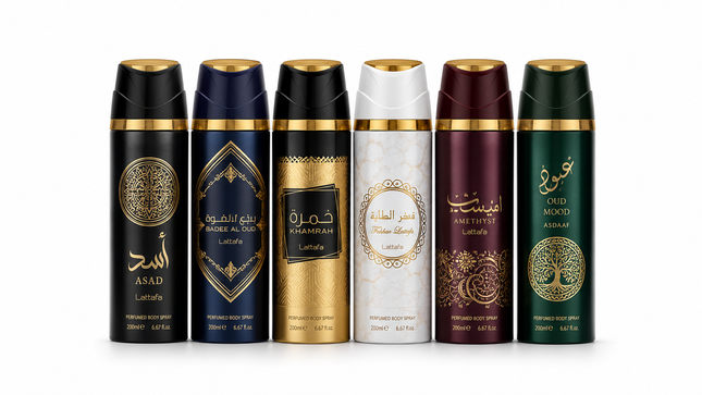 Lattafa & Asdaaf Perfumed Body Spray Variety Pack – 6 Arabian Fragrances 200ml