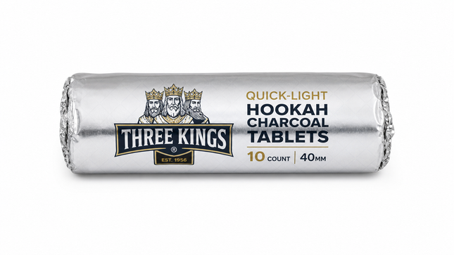 Three Kings Quick-Light Hookah Charcoal Tablets – 40mm, 10-Count Roll (Item HH-TKC)