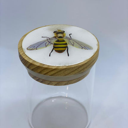 Extra Large Glass Storage Jar – Bee Print Design, Natural Wooden Lid | XL Glass Stash Jar | 1-Count (Item #1176)