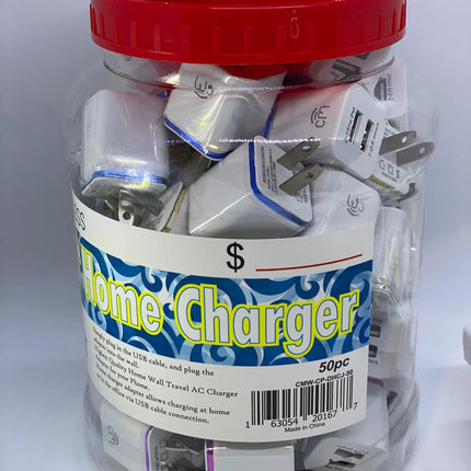50-Pack USB-A Wall Charger Adapters – Assorted Colors | Bulk Wholesale USB Chargers in Display Jar