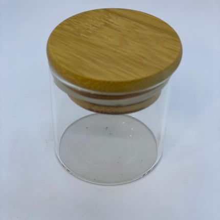 Mini Glass Storage Jar with Wooden Lid – Transparent, Small Airtight Glass Jar | 2-Count (Item #1415)