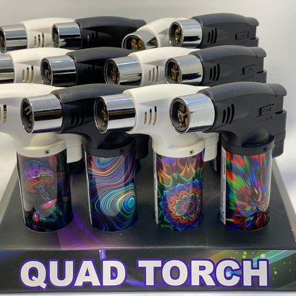 Techno 4-Torch Lighter – Quad Flame Butane Torch, Assorted Designs | 2-Count (Item #1647)