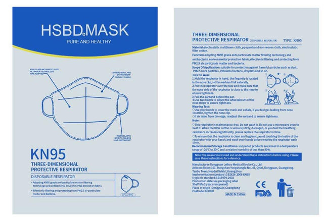 HSBD KN95 Face Mask – 3D Respirator, PM2.5 Filtration, Wide Elastic Band | 20-Count Box