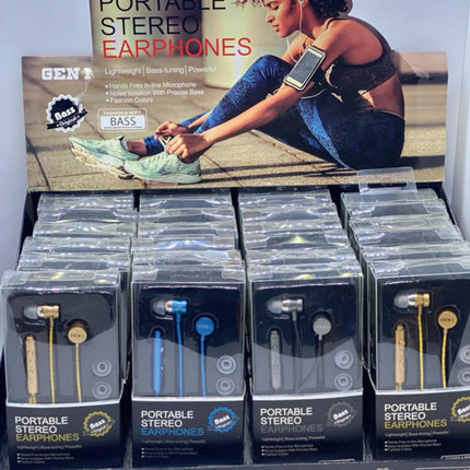 Portable Stereo Earphones with Mic – Bass Precision, Lightweight, Blue, Black & Gold | Gen 1 (Item #369)