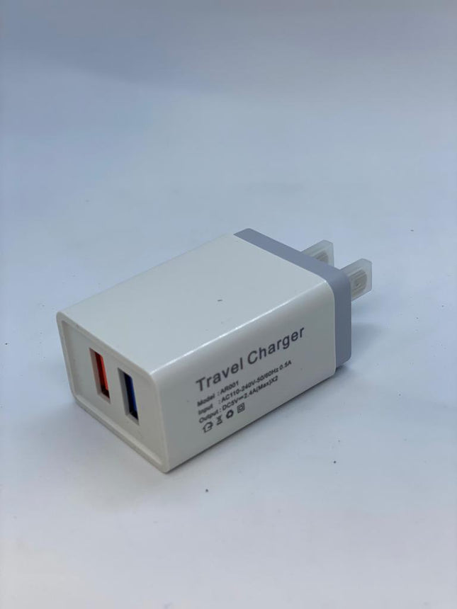 Dual USB-A Travel Wall Charger – 12W 5V/2.4A, 110–240V US Plug (White). #514