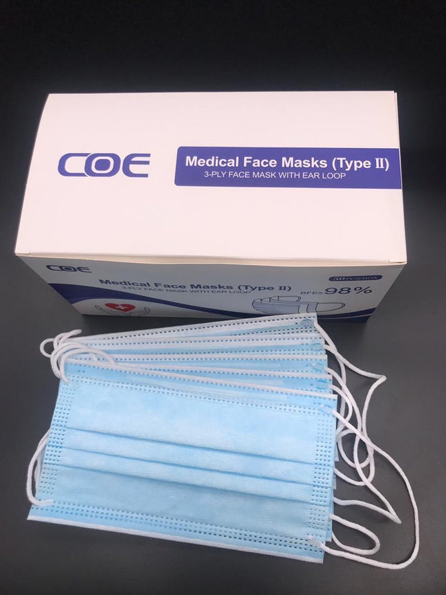 Disposable 3-Ply Medical Face Masks – BFE ≥98%, Ear Loop | 50-Count Pack (Type II)